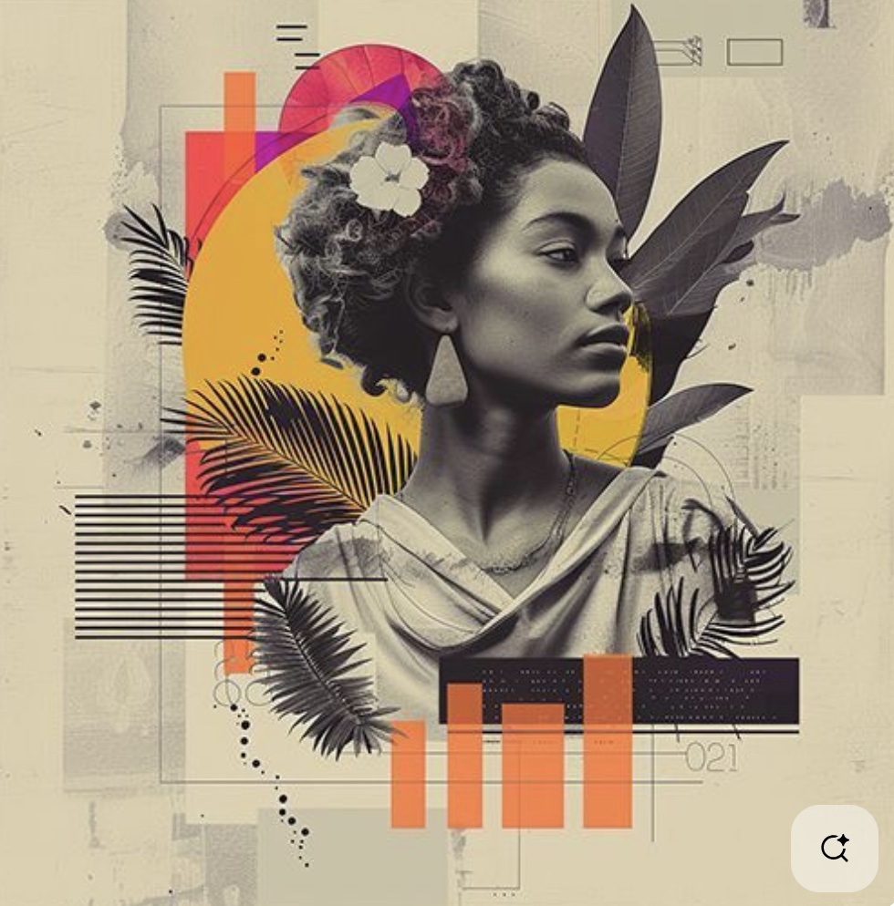 art piece of a woman and shapes around her