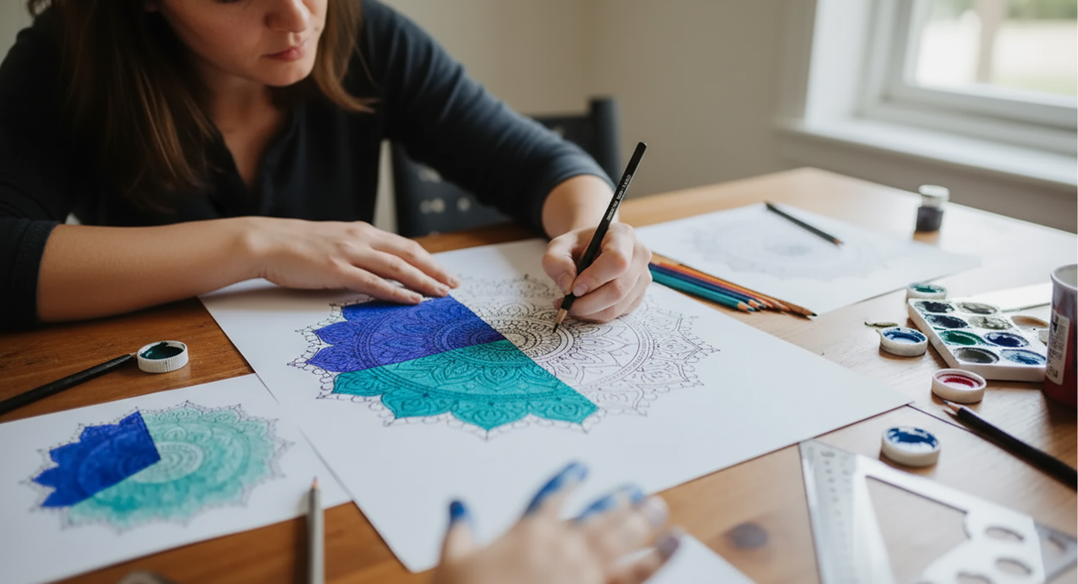 Adult drawing a colorful mandala