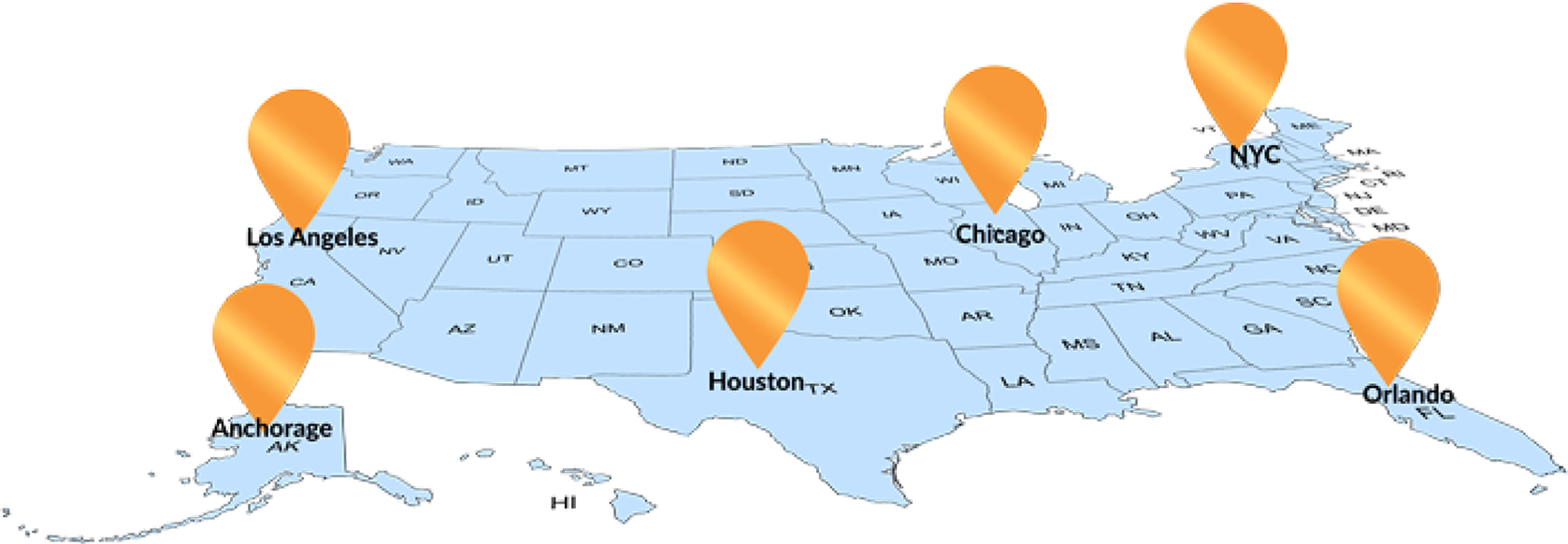 map of USA with pins over certain states