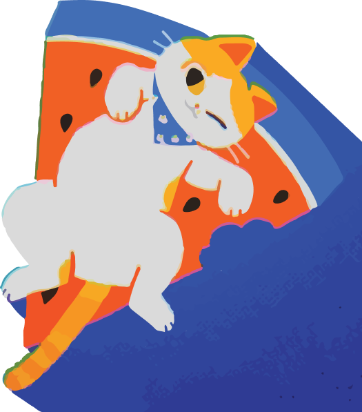 Cat hugging watermelon slice on blue shape