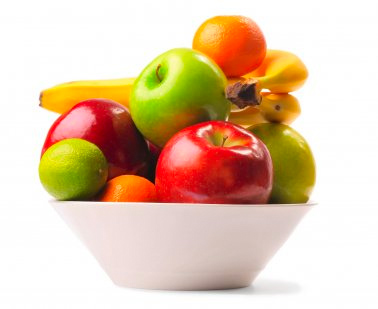 White bowl containing red and green apples, bananas and oranges.