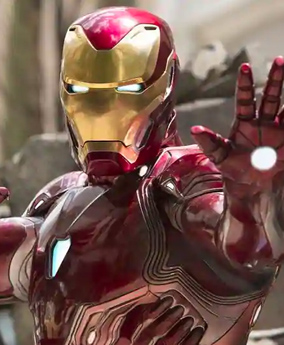 Half picture of iron man pointing his lazer iron palm to the camera.