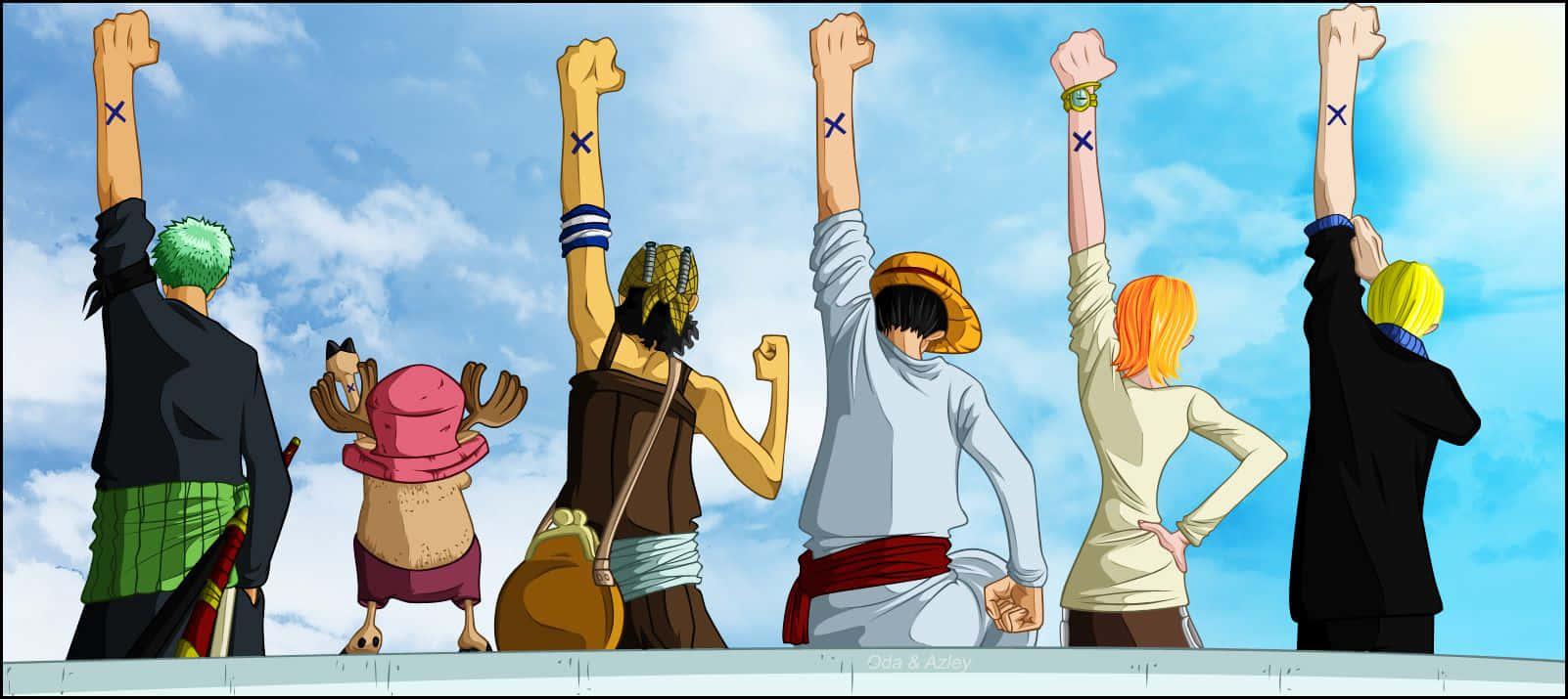 One Piece end of Alabasta straw hat crew arms in air