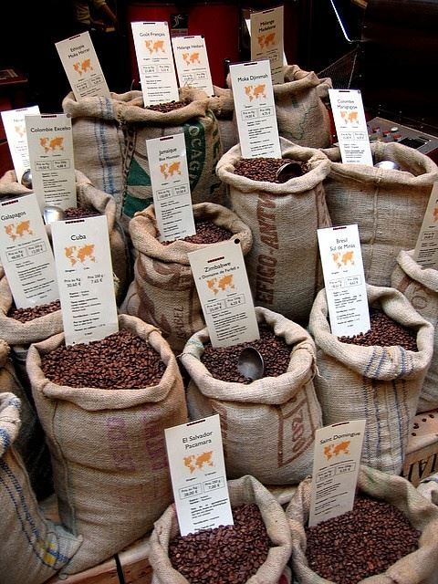 selection of coffee beans in burlap bags